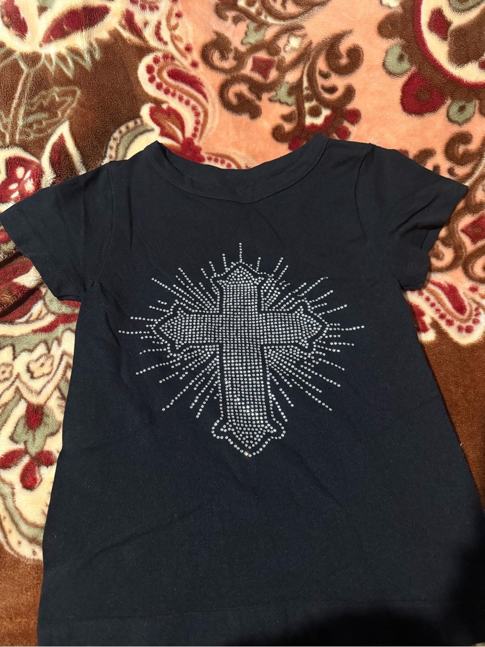 Black Rhinestone Cross Short Sleeve Tee